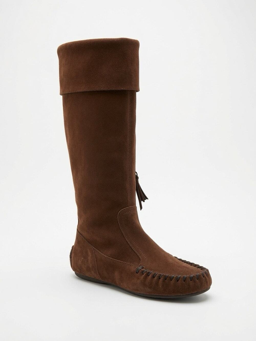 Miu Miu Brown Suede Knee High Moccasin Flat Boots Fold Cuff Zip Size 37.5 Italy